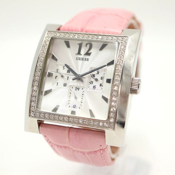 Guess X Elle Silver Tone Square Date Date 28mm Watch Y2K Gem Bezel Pink Leather - Picture 1 of 16